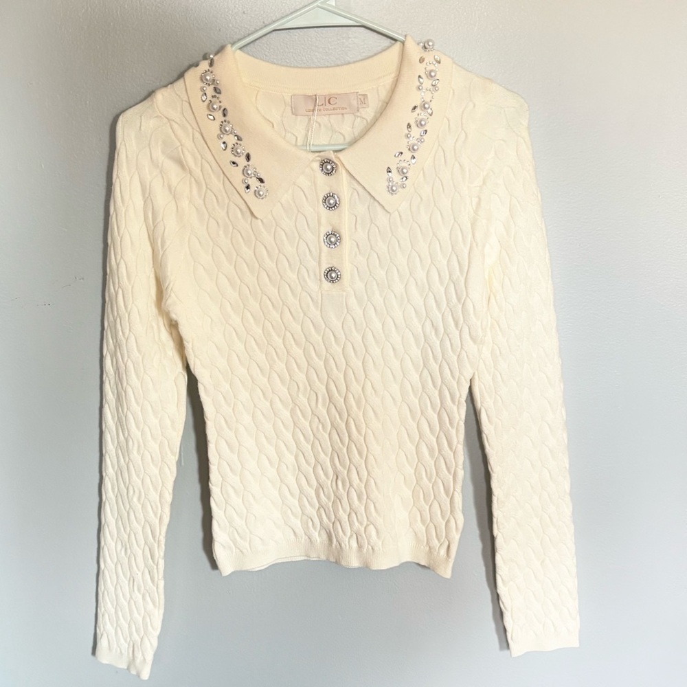 Lizette Collection White Rhinestone Collar Fitted Top